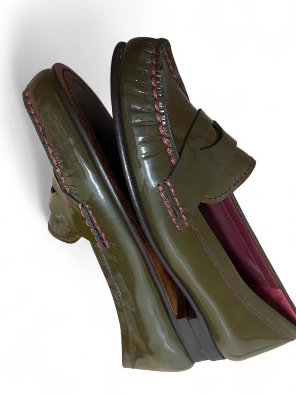 Rare Vintage Y2K Cole Haan Nike Air Olive Patent Leather Penny Loafers Size 8